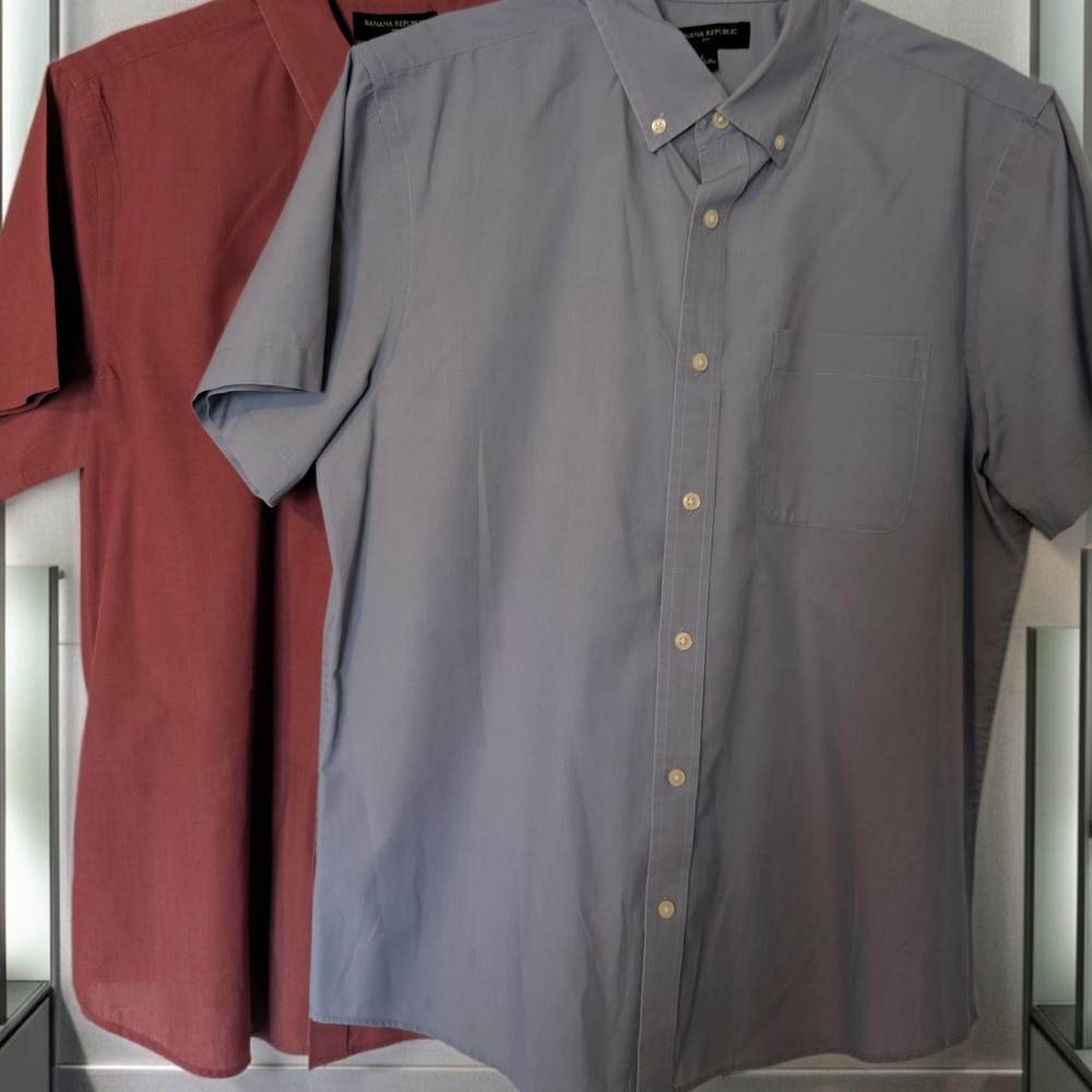 Men's Large SS Button-Down Shirt bundle- Grey/Blue and Burnt Red